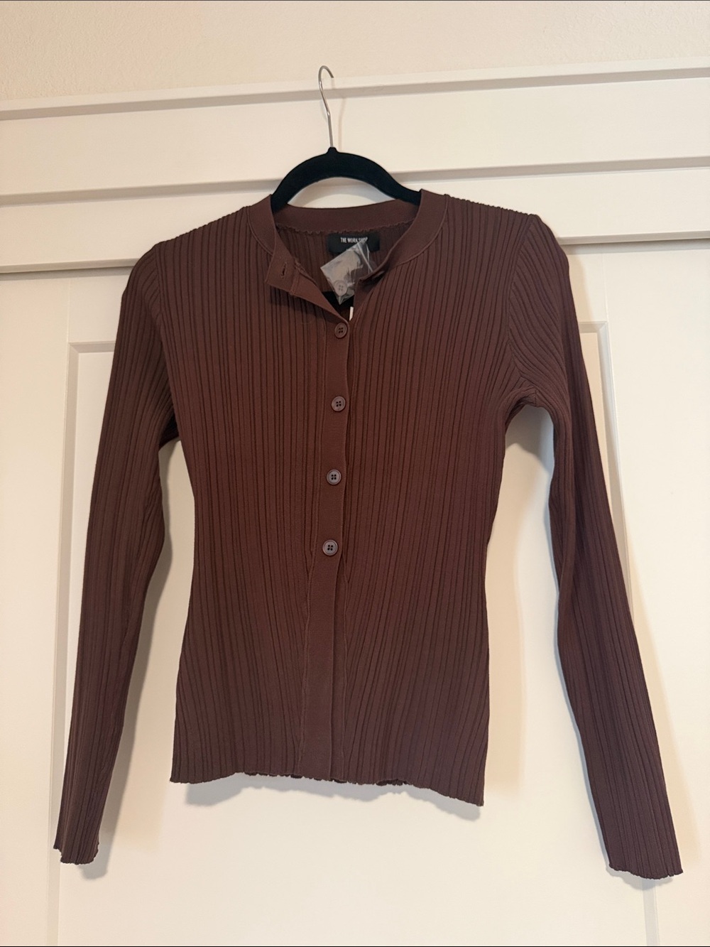 Ribbed Button-Front Long Sleeve Top in Chocolate Brown